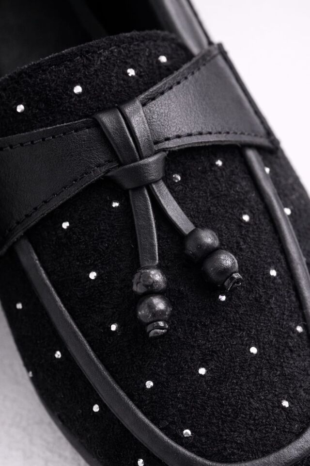 Kadın Taşlı Püsküllü Taş Detaylı Babet Günlük Ayakkabı PÜSKÜL SİYAH - 37