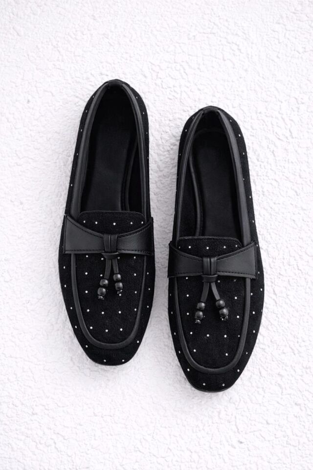 Kadın Taşlı Püsküllü Taş Detaylı Babet Günlük Ayakkabı PÜSKÜL SİYAH - 37