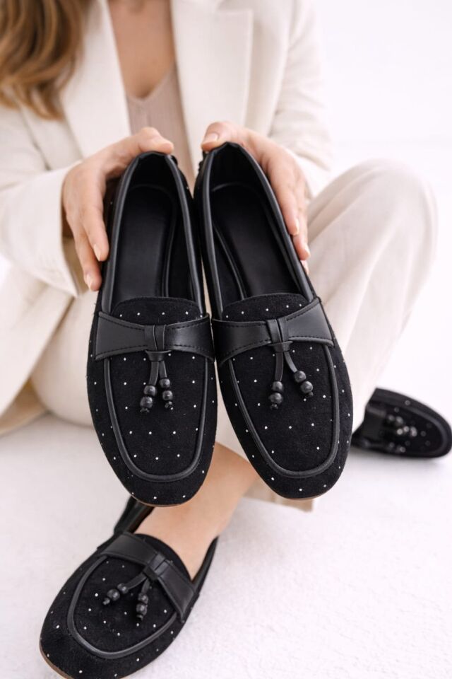 Kadın Taşlı Püsküllü Taş Detaylı Babet Günlük Ayakkabı PÜSKÜL SİYAH - 37