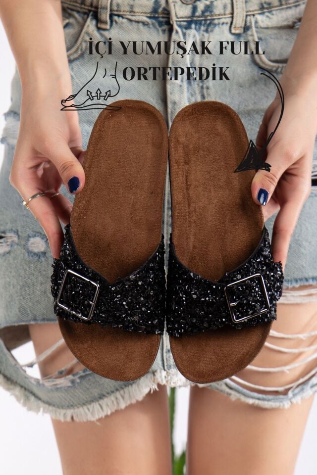 Pien Tek Tokalı  Şık Günlük Ful Ortapedik Terlik SİYAH - 36