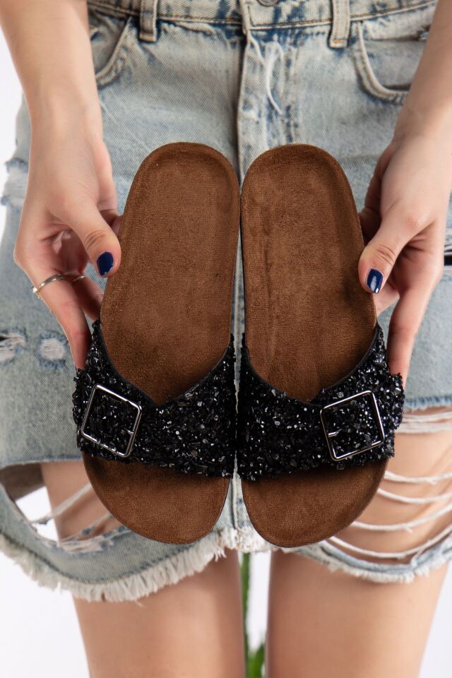 Pien Tek Tokalı  Şık Günlük Ful Ortapedik Terlik SİYAH - 36