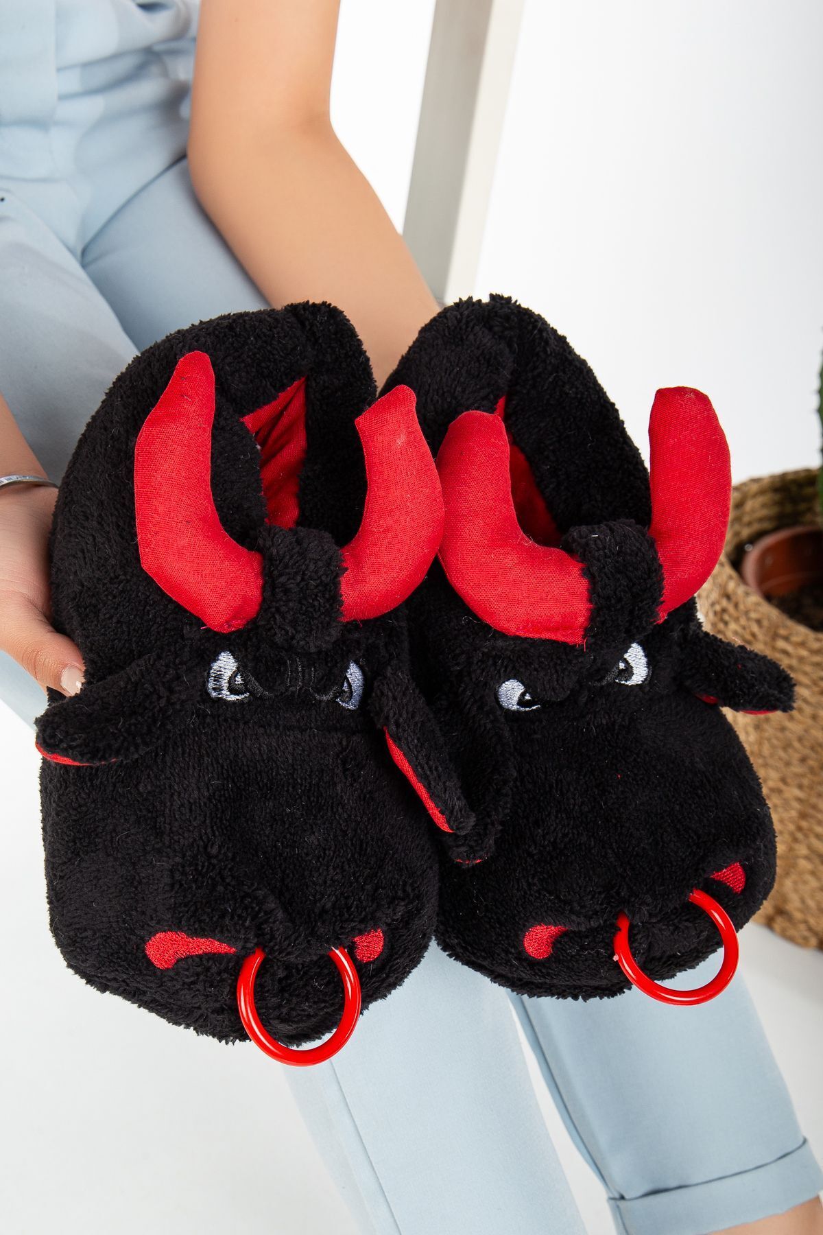 Unisex Hayvanlı Panduf Ev Ayakkabısı Ses Yapmaz Taban SİYAH - 37-38