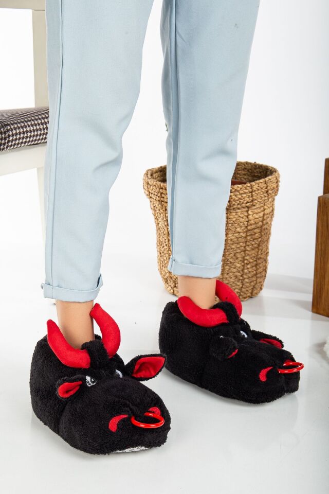Unisex Hayvanlı Panduf Ev Ayakkabısı Ses Yapmaz Taban SİYAH - 37-38