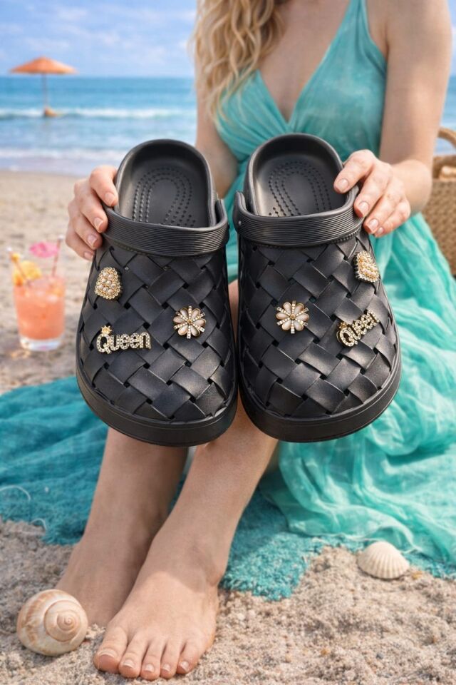 Calx Kadın Deniz Plaj Havuz Üstü Kapalı Kaydırmaz Sandalet Crocs Terlik SİYAH - 40
