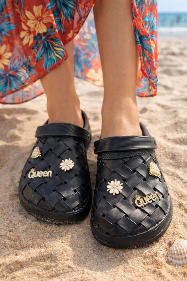 Calx Kadın Deniz Plaj Havuz Üstü Kapalı Kaydırmaz Sandalet Crocs Terlik SİYAH - 40