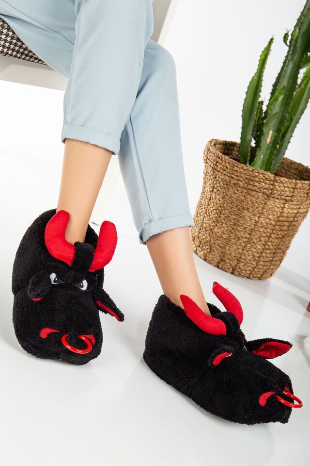 Unisex Hayvanlı Panduf Ev Ayakkabısı Ses Yapmaz Taban SİYAH - 35-36