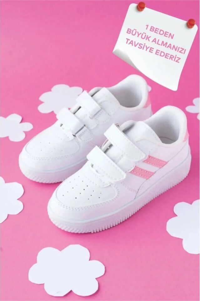 Kids Unisex Bebek Çocuk Spor Ayakkabı Sneakers Okul Ayakkabısı BEYAZ - PUDRA - 26