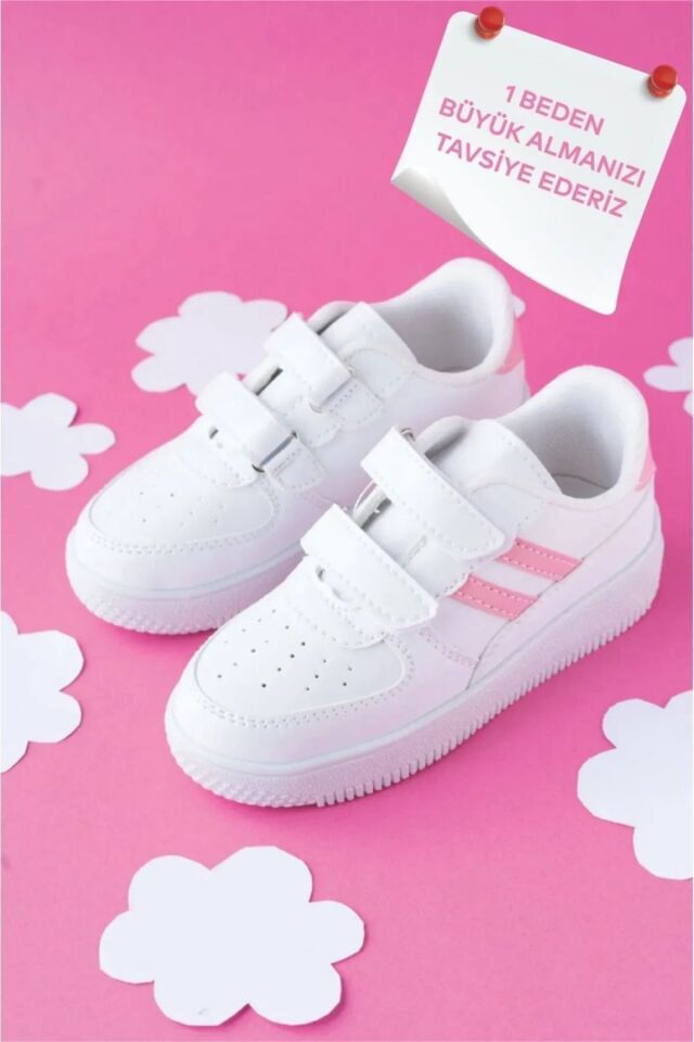 Kids Unisex Bebek Çocuk Spor Ayakkabı Sneakers Okul Ayakkabısı BEYAZ - PUDRA - 26