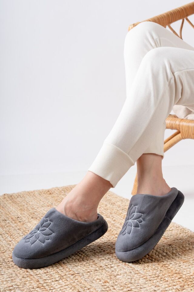 Unisex Nakışlı Gondol Kadife Ev Terliği GRİ - 38