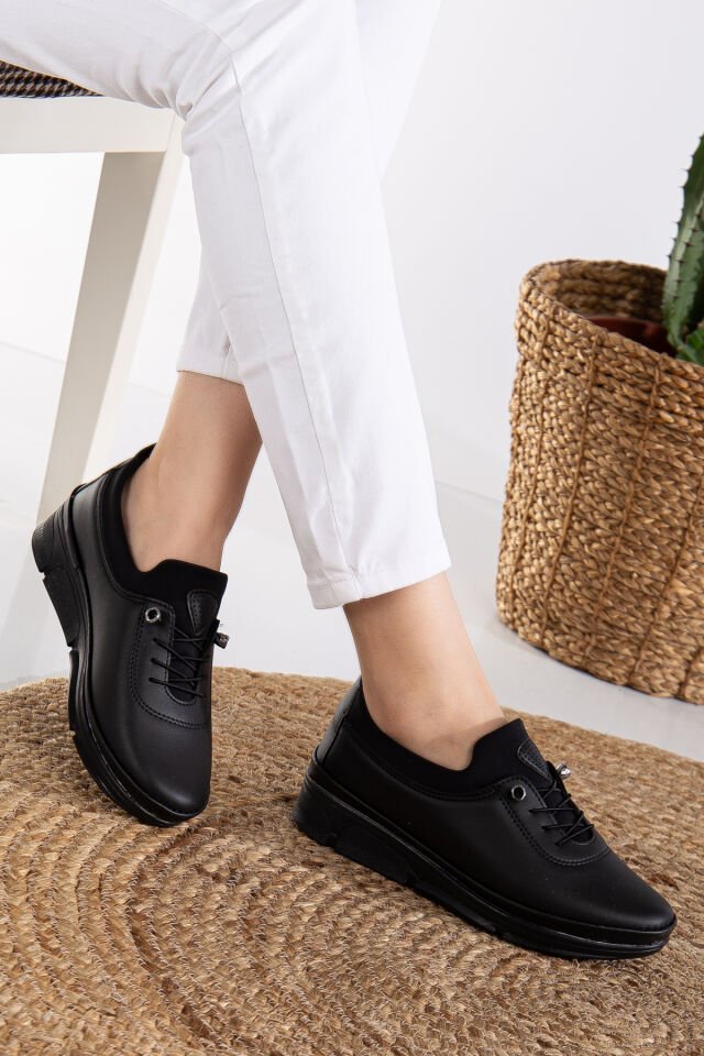 Kadın Ciltli Lastikli Detaylı Anne Ayakkabısı Günlük Ayakkabı Babet