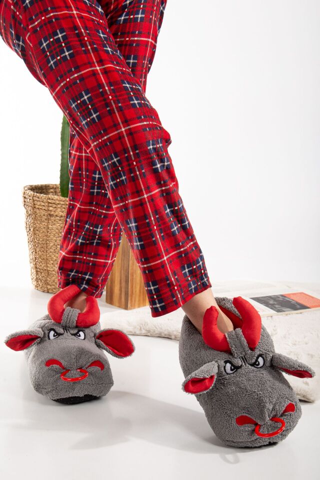 Unisex Hayvanlı Panduf Ev Ayakkabısı Ses Yapmaz Taban AÇIK GRİ - 39-40