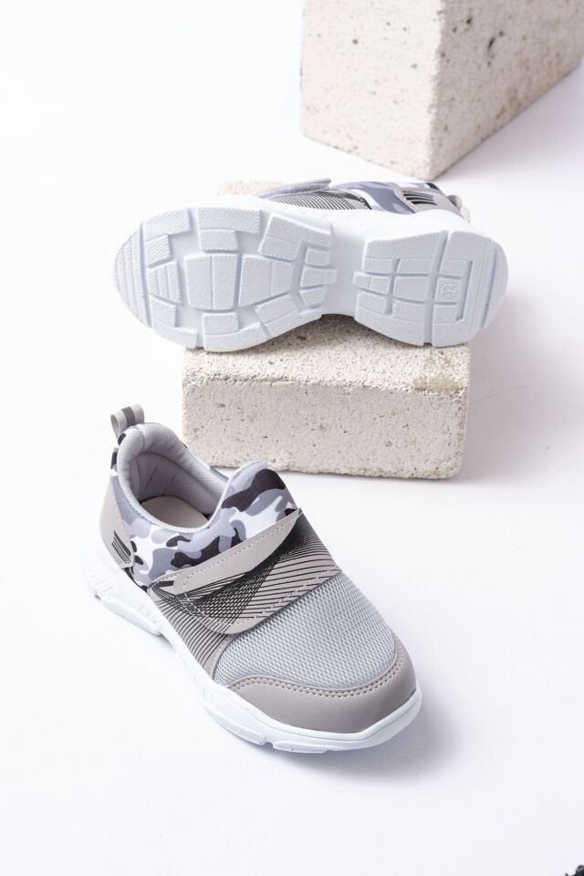 Unisex Çocuk Bağcıksız Rahat Esnek Günlük Sneaker Spor Ayakkabı KAMUFLAJ GRİ - 34