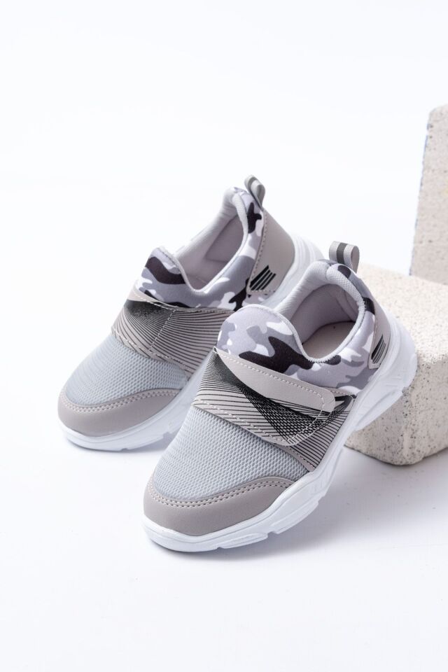 Unisex Çocuk Bağcıksız Rahat Esnek Günlük Sneaker Spor Ayakkabı KAMUFLAJ GRİ - 34