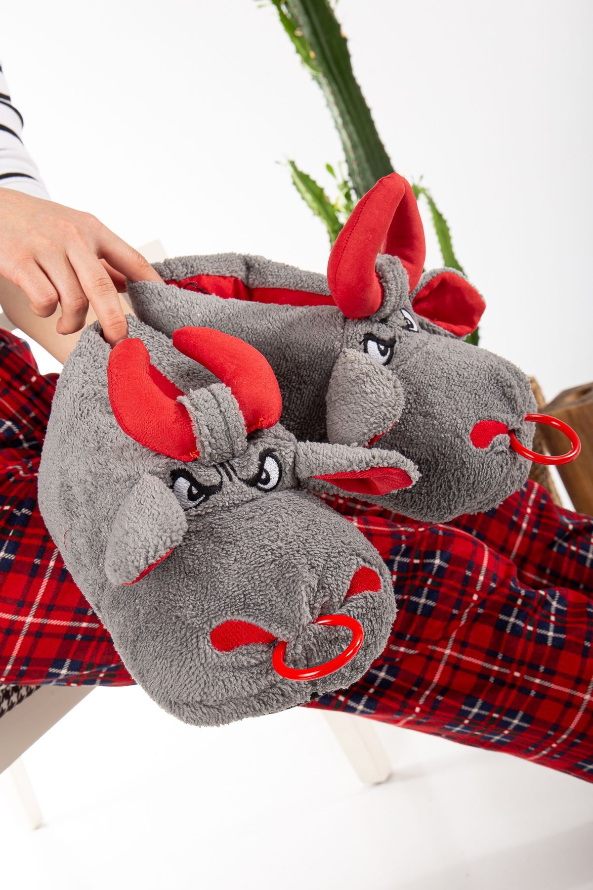 Unisex Hayvanlı Panduf Ev Ayakkabısı Ses Yapmaz Taban AÇIK GRİ - 44-45