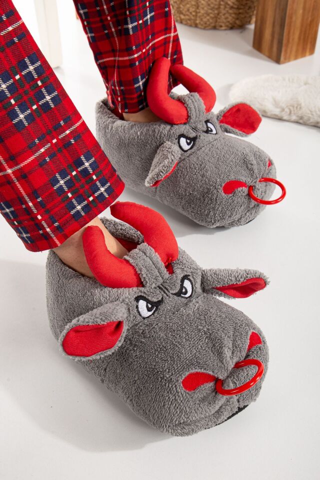 Unisex Hayvanlı Panduf Ev Ayakkabısı Ses Yapmaz Taban AÇIK GRİ - 44-45