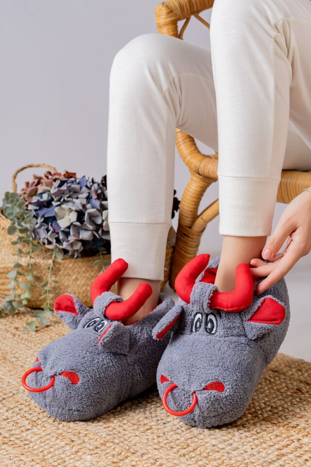 Unisex Hayvanlı Panduf Ev Ayakkabısı Ses Yapmaz Taban AÇIK GRİ - 44-45