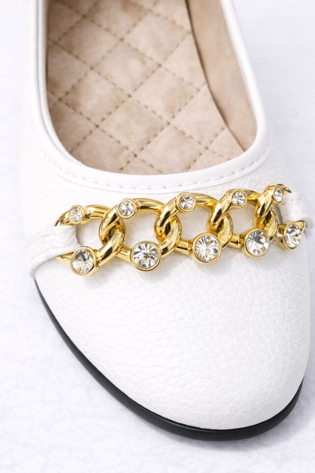 Kadın Gold Zincir Taş Detaylı Düz Babet – Günlük & Ofis Şık Rahat Ayakkabı