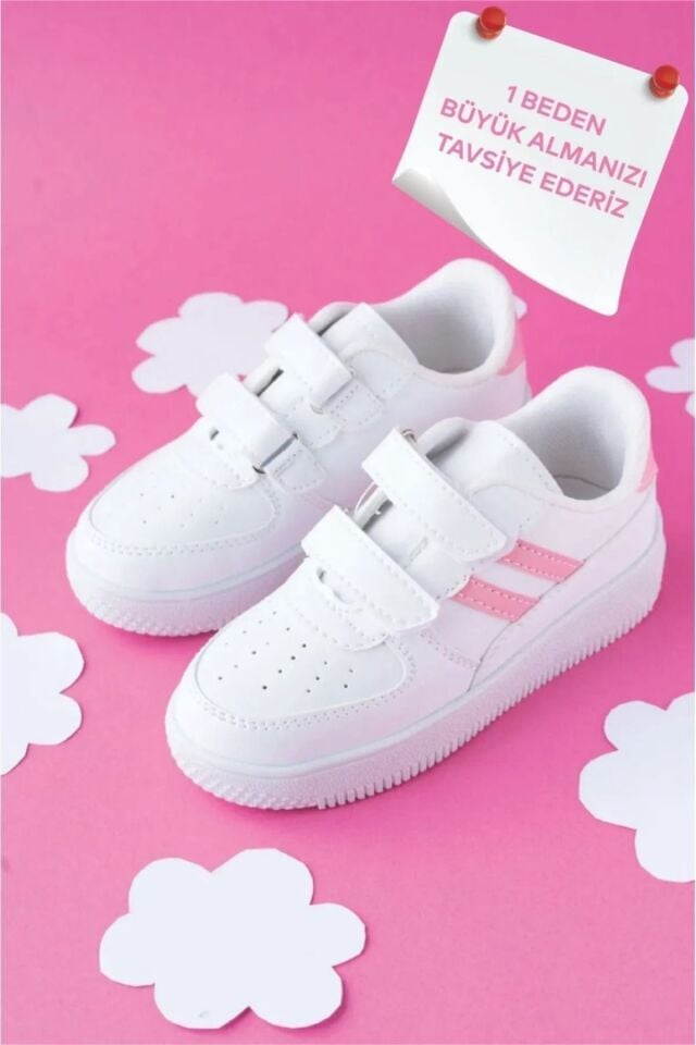 Kids Unisex Bebek Çocuk Spor Ayakkabı Sneakers Okul Ayakkabısı BEYAZ - PUDRA - 24