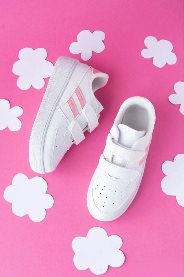 Kids Unisex Bebek Çocuk Spor Ayakkabı Sneakers Okul Ayakkabısı BEYAZ - PUDRA - 24