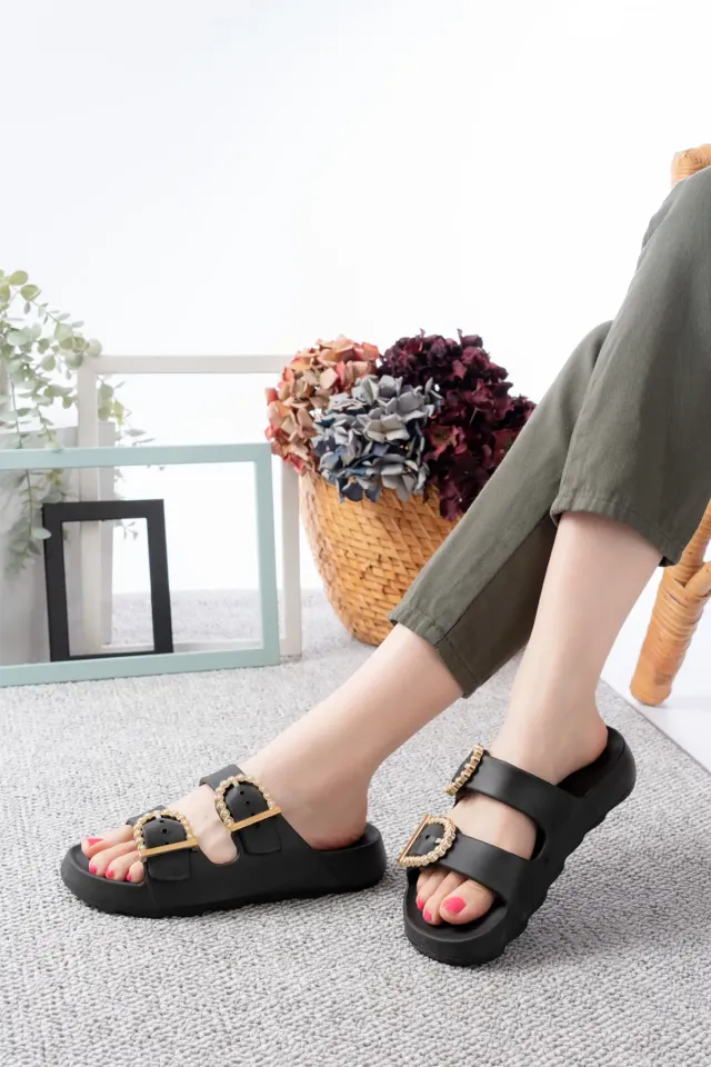 Kadın Dolgu Topuk Terlik Ortopedik Günlük Terlik Şık Rahat Terlik 40 - ROOSTER SİYAH