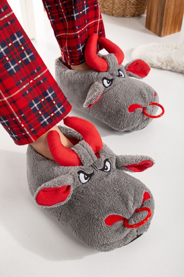 Unisex Hayvanlı Panduf Ev Ayakkabısı Ses Yapmaz Taban AÇIK GRİ - 37-38