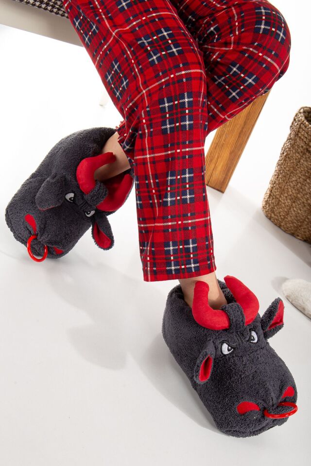 Unisex Hayvanlı Panduf Ev Ayakkabısı Ses Yapmaz Taban KOYU GRİ - 37-38