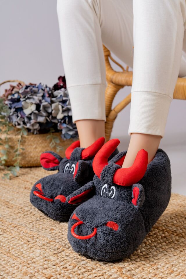Unisex Hayvanlı Panduf Ev Ayakkabısı Ses Yapmaz Taban KOYU GRİ - 37-38