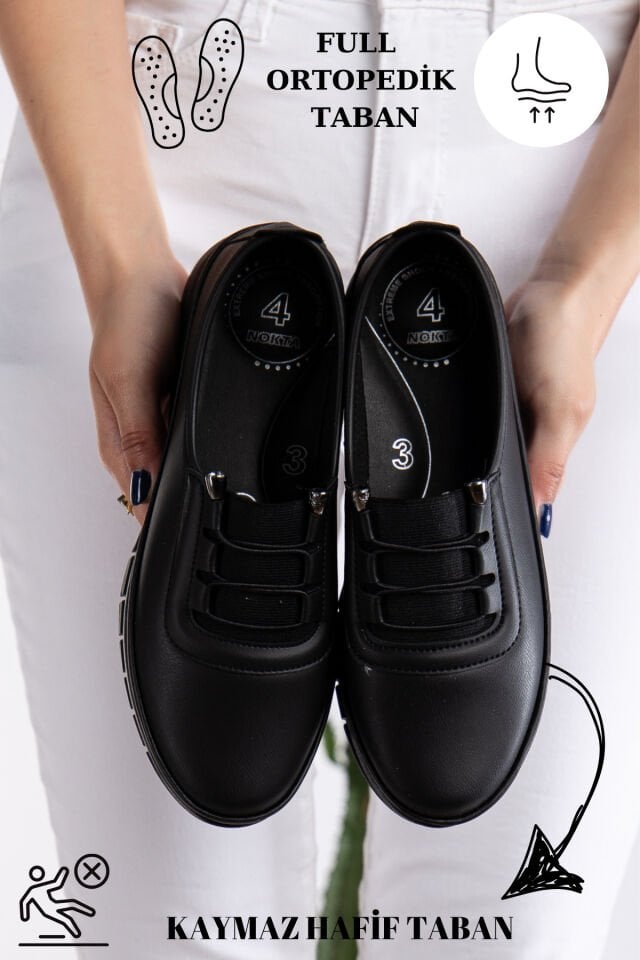 Kadın Lastikli Detaylı Ciltli Anne Ayakkabısı Günlük Ayakkabı Babet