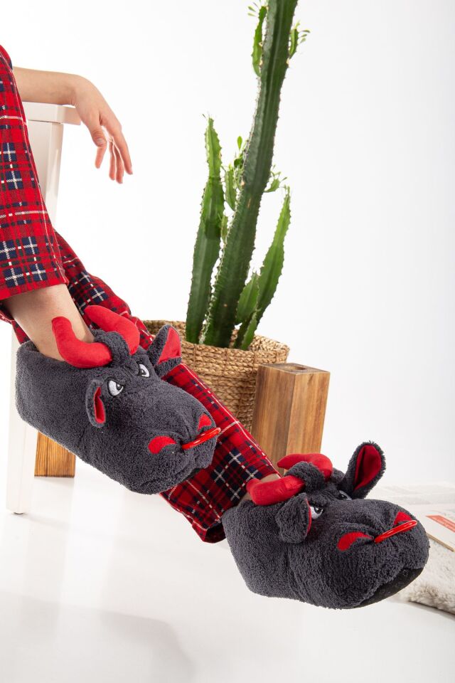 Unisex Hayvanlı Panduf Ev Ayakkabısı Ses Yapmaz Taban KOYU GRİ - 42-43