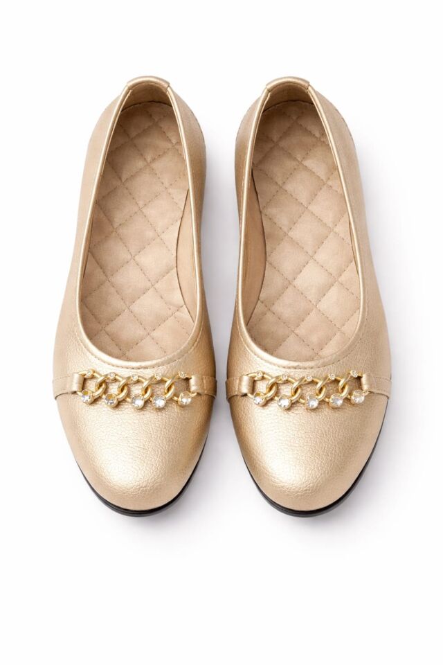 Kadın Gold Zincir Taş Detaylı Düz Babet – Günlük & Ofis Şık Rahat Ayakkabı ALTIN - 40