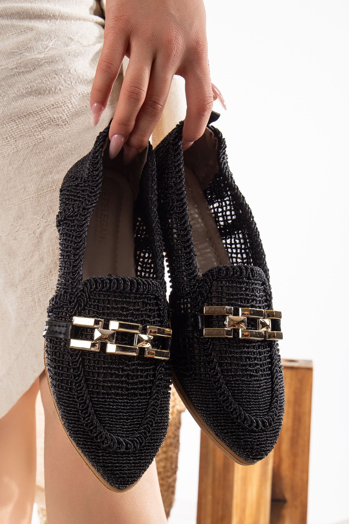 Kadın Zincir Detaylı Örme Babet Ayakkabı Kadın Ayakkabı Günlük Ayakkabı SİYAH - 37