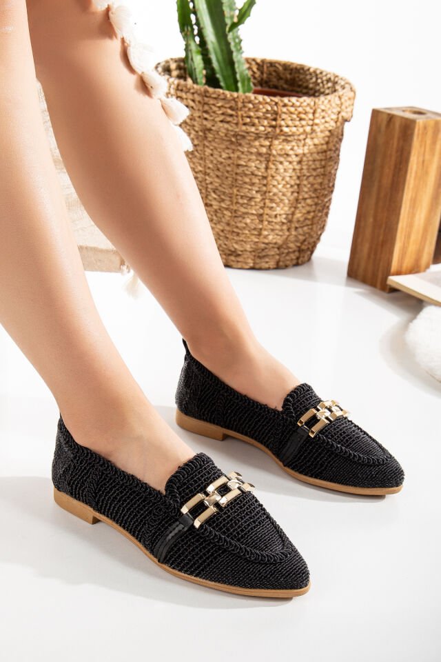 Kadın Zincir Detaylı Örme Babet Ayakkabı Kadın Ayakkabı Günlük Ayakkabı SİYAH - 37