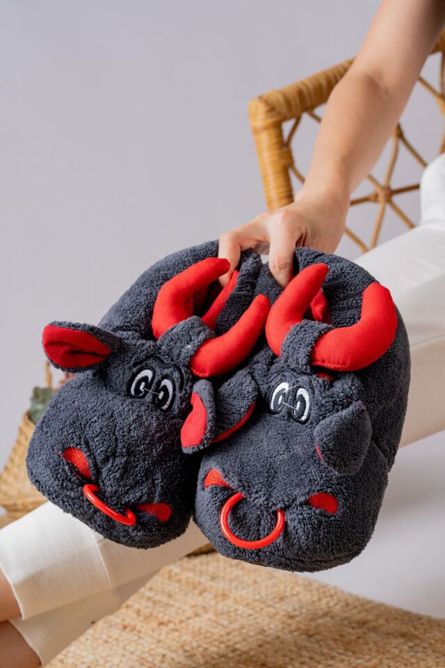 Unisex Hayvanlı Panduf Ev Ayakkabısı Ses Yapmaz Taban KOYU GRİ - 44-45