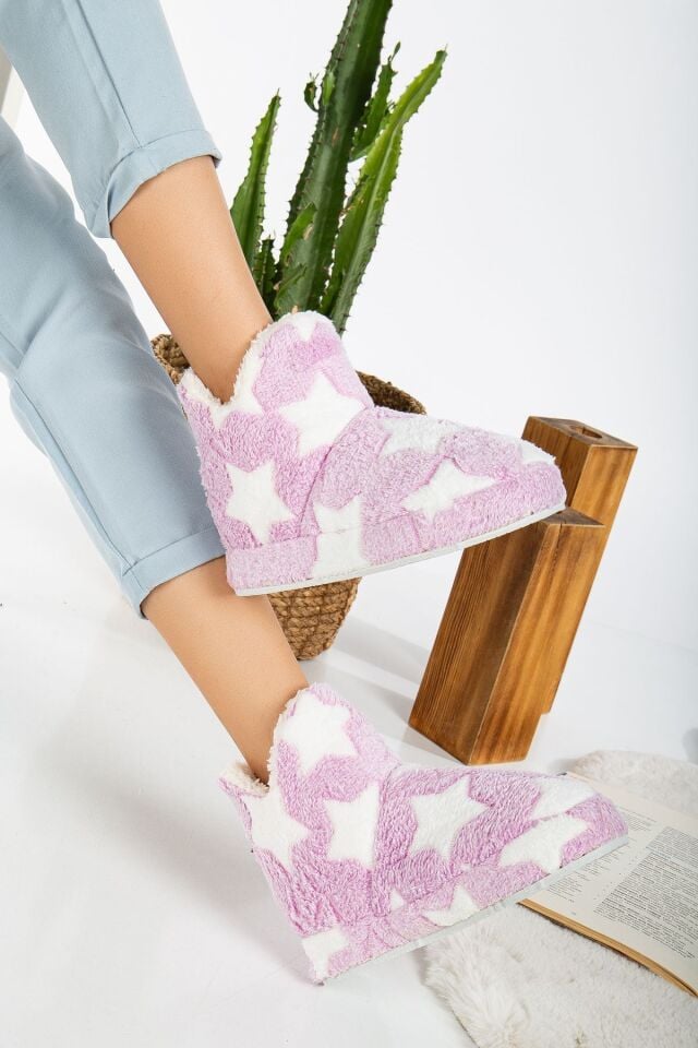 Kadın Peluş Tüylü Panduf Ev Botu Ev Ayakkabısı Kalın Hafif Taban LİLA - 38