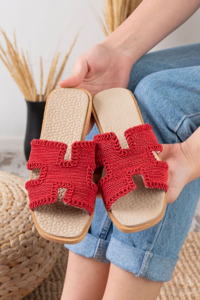 Kadın Örgülü Desenli Hasırlı Terlik