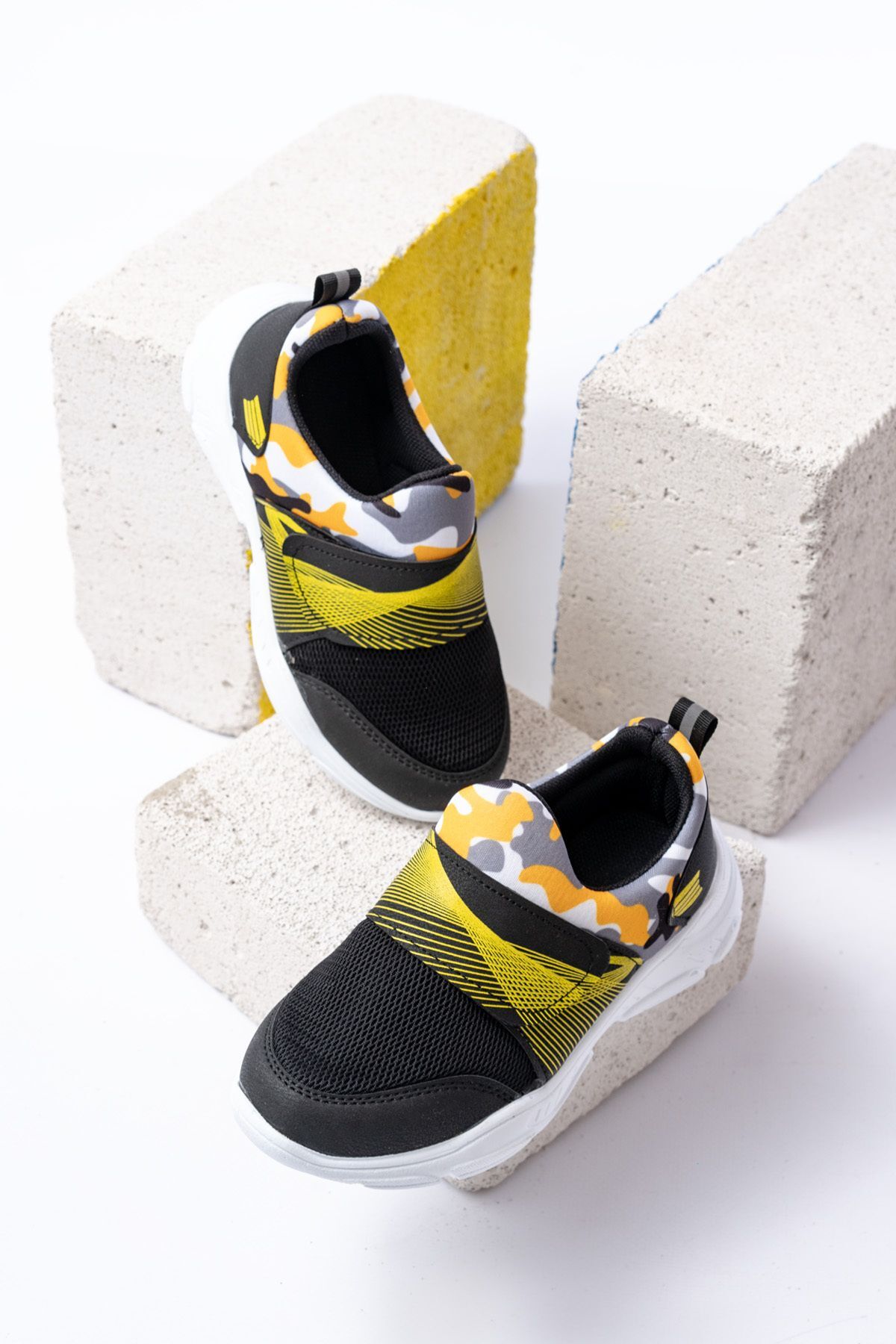 Unisex Çocuk Bağcıksız Rahat Esnek Günlük Sneaker Spor Ayakkabı KAMUFLAJ SARI - 32