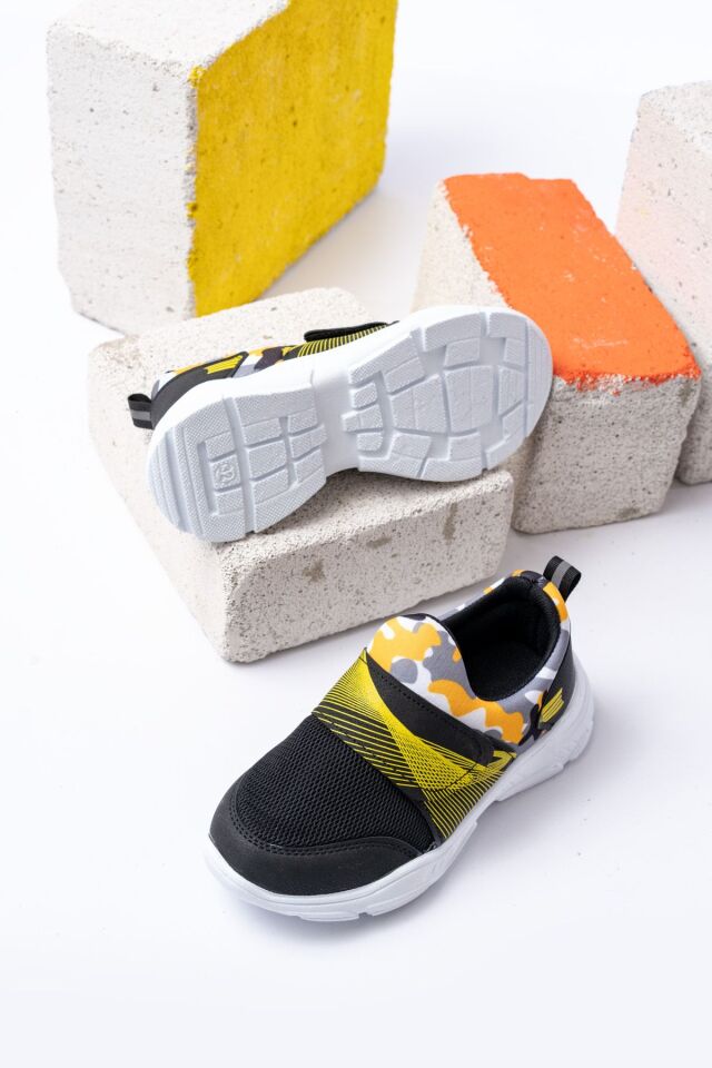 Unisex Çocuk Bağcıksız Rahat Esnek Günlük Sneaker Spor Ayakkabı KAMUFLAJ SARI - 33