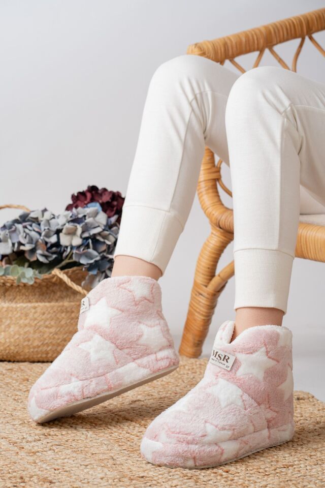 Kadın Peluş Tüylü Panduf Ev Botu Ev Ayakkabısı Kalın Hafif Taban PUDRA - 38