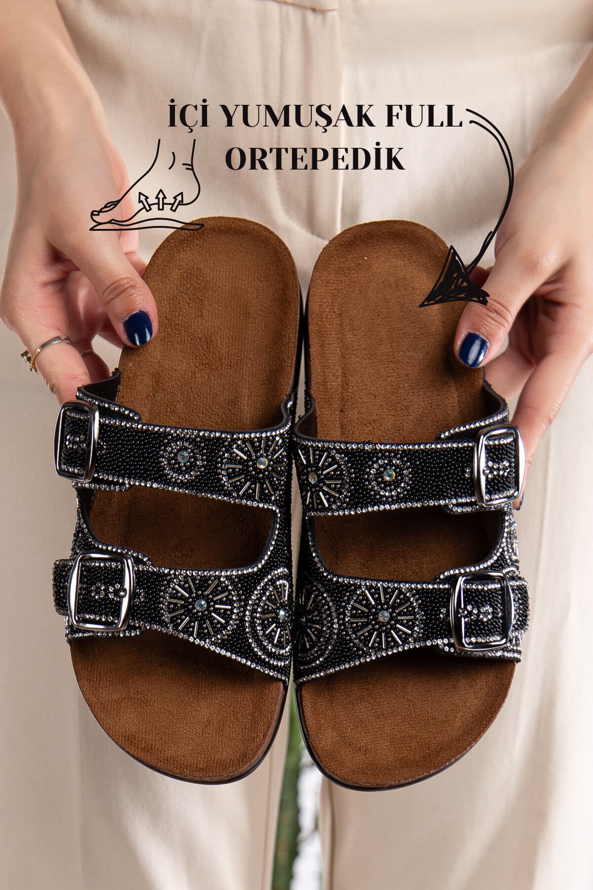 Pien Çift Tokalı  Şık Günlük Ful Ortapedik Terlik