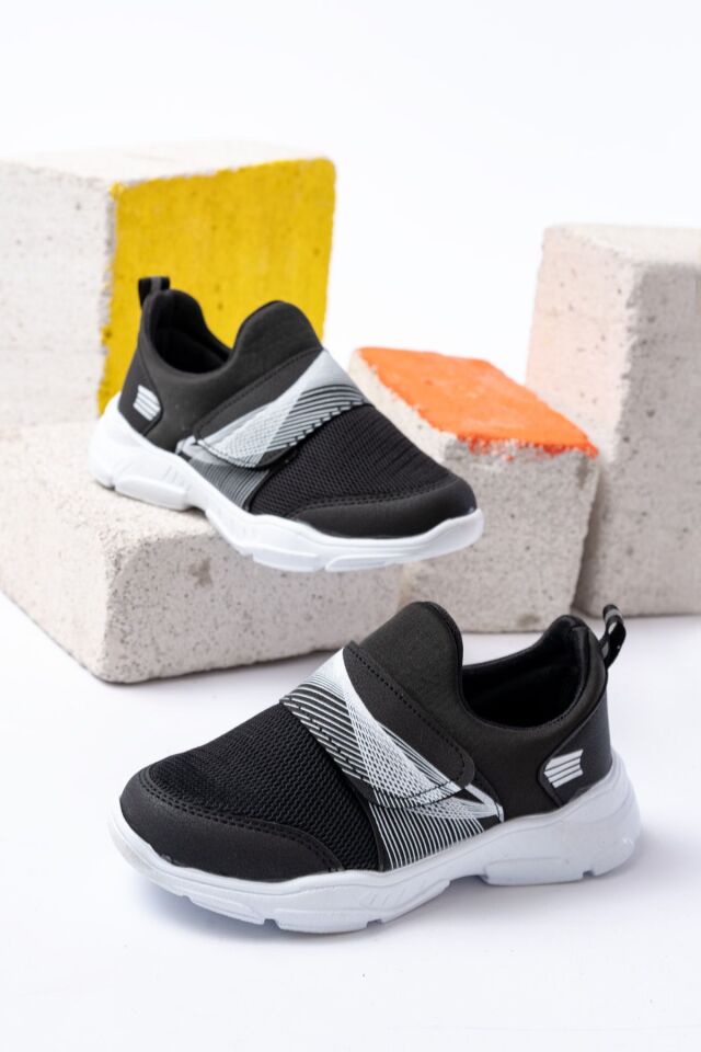 Unisex Çocuk Bağcıksız Rahat Esnek Günlük Sneaker Spor Ayakkabı SİYAH - 33