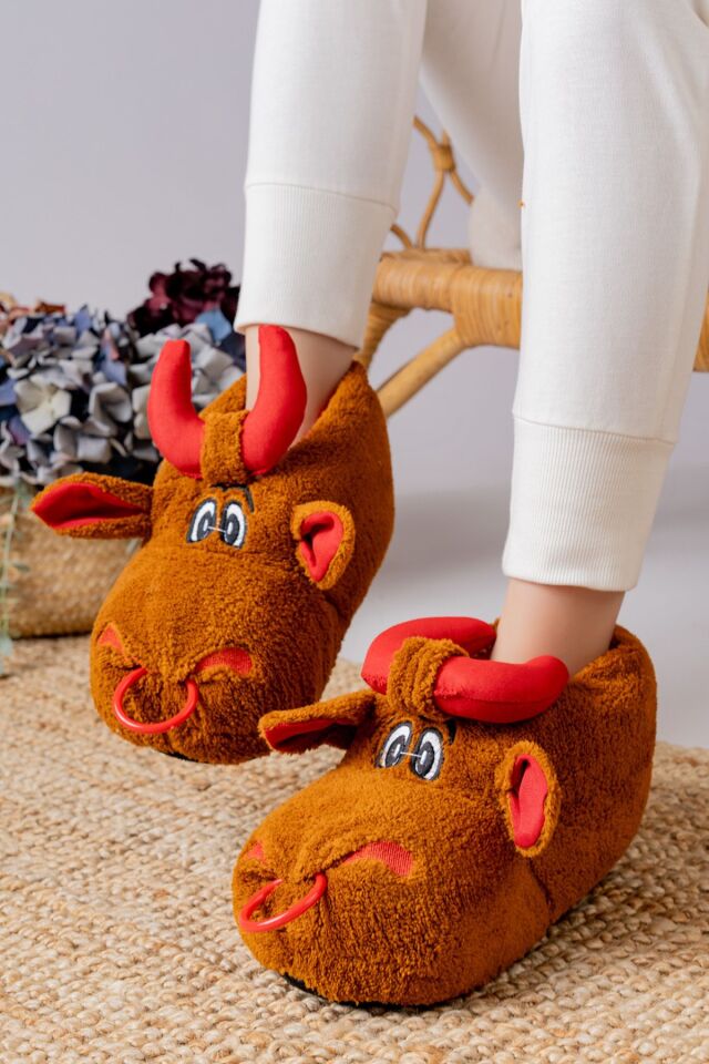 Unisex Hayvanlı Panduf Ev Ayakkabısı Ses Yapmaz Taban TABA - 35-36