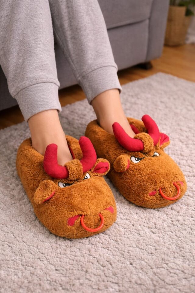 Unisex Hayvanlı Panduf Ev Ayakkabısı Ses Yapmaz Taban TABA - 35-36