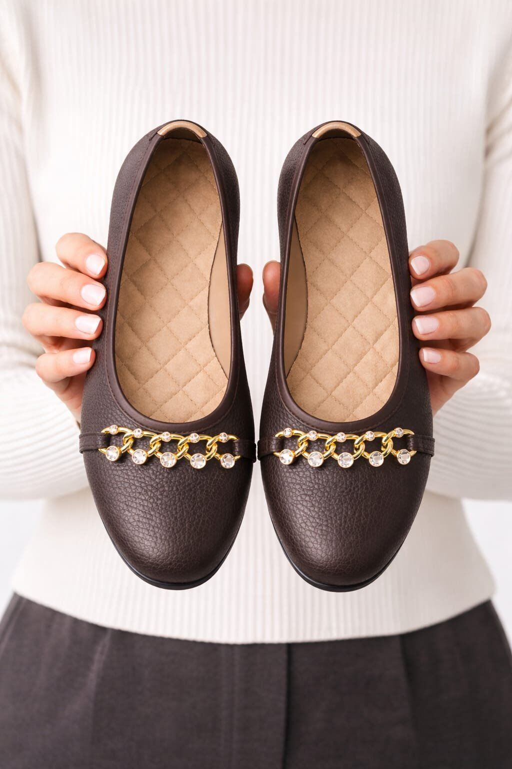 Kadın Gold Zincir Taş Detaylı Düz Babet – Günlük & Ofis Şık Rahat Ayakkabı KAHVERENGİ - 40