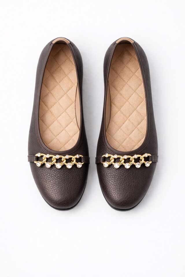 Kadın Gold Zincir Taş Detaylı Düz Babet – Günlük & Ofis Şık Rahat Ayakkabı KAHVERENGİ - 40