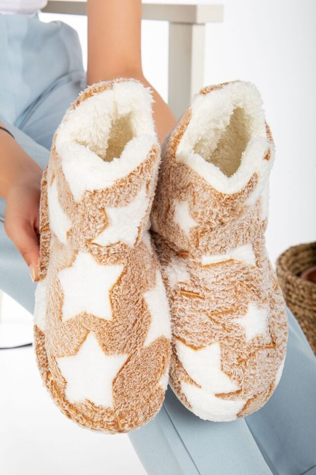 Kadın Peluş Tüylü Panduf Ev Botu Ev Ayakkabısı Kalın Hafif Taban KAHVERENGİ - 39