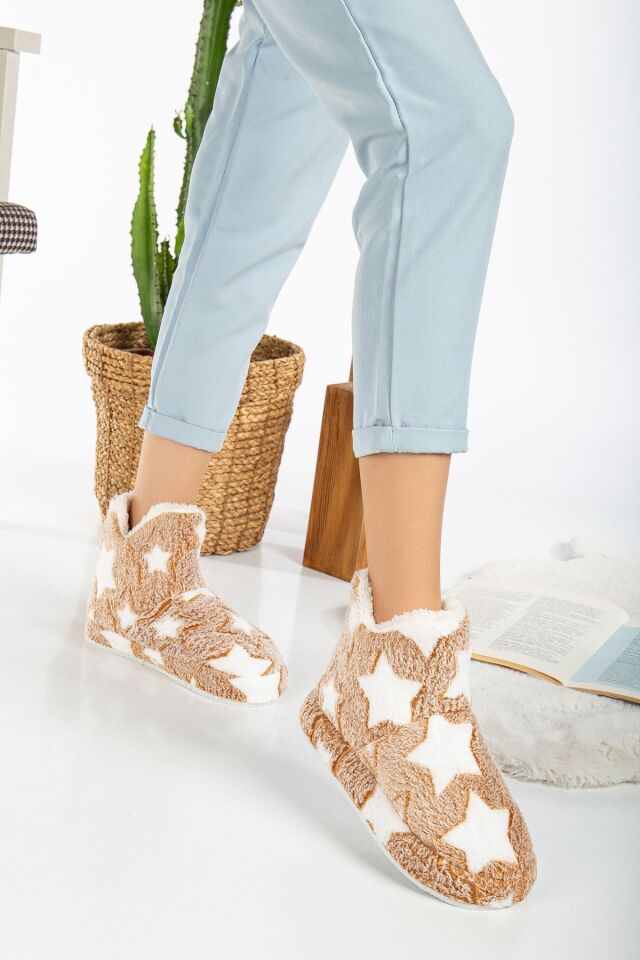 Kadın Peluş Tüylü Panduf Ev Botu Ev Ayakkabısı Kalın Hafif Taban KAHVERENGİ - 39