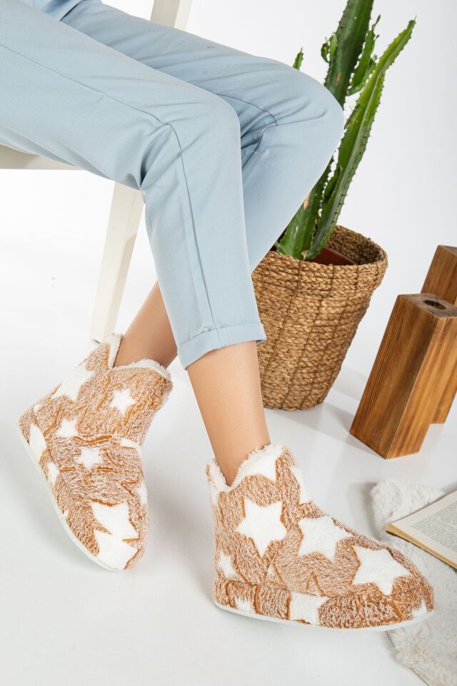 Kadın Peluş Tüylü Panduf Ev Botu Ev Ayakkabısı Kalın Hafif Taban KAHVERENGİ - 39