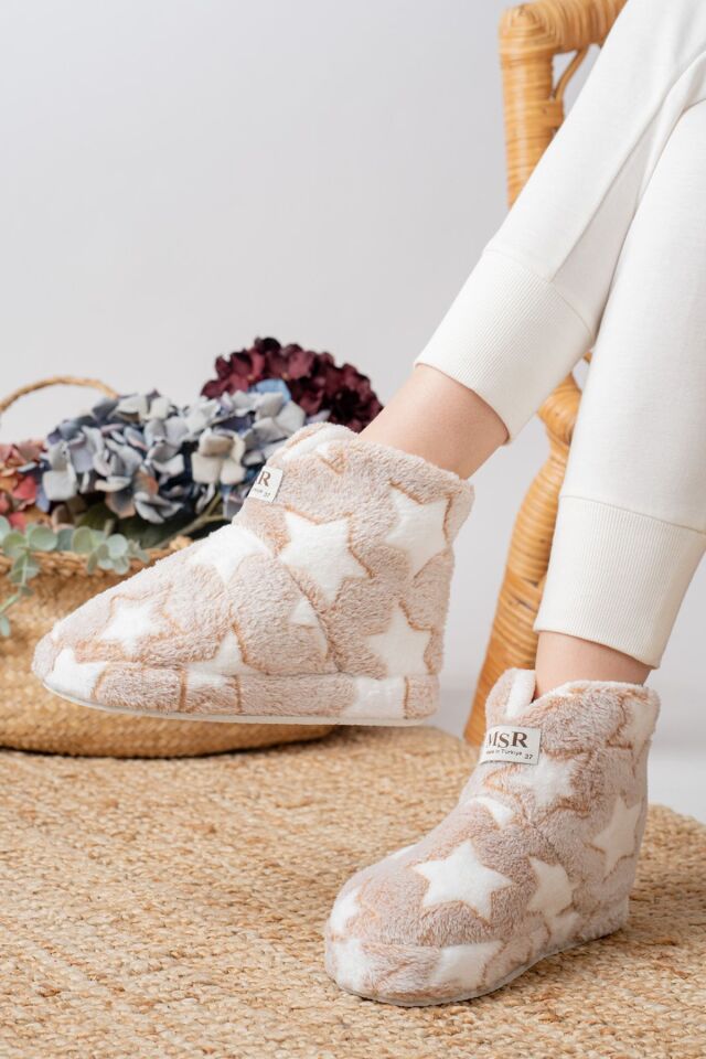 Kadın Peluş Tüylü Panduf Ev Botu Ev Ayakkabısı Kalın Hafif Taban KAHVERENGİ - 39