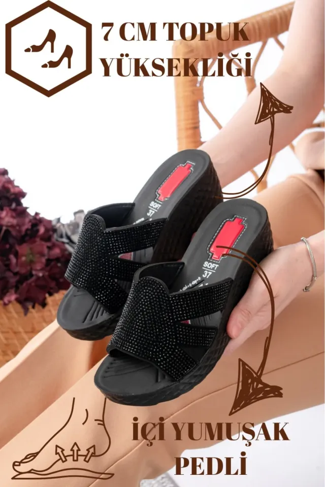 Kadın Taşlı Dolgu Topuk Terlik Ortopedik Günlük Terlik Rahat Şık Topuklu Terlik 39 - 913 SİYAH