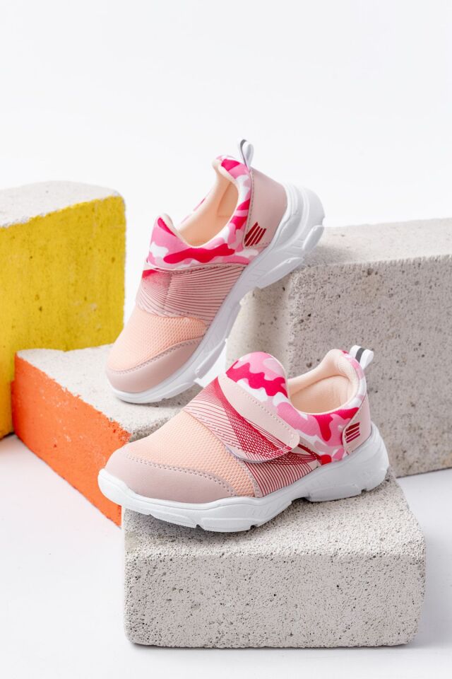 Unisex Çocuk Bağcıksız Rahat Esnek Günlük Sneaker Spor Ayakkabı KAMUFLAJ PUDRA - 32